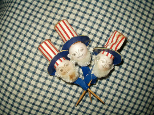 3 Vintage 1950 Uncle Sam Toothpick Patriotic Lot Spun Cotton Head Marked Japan