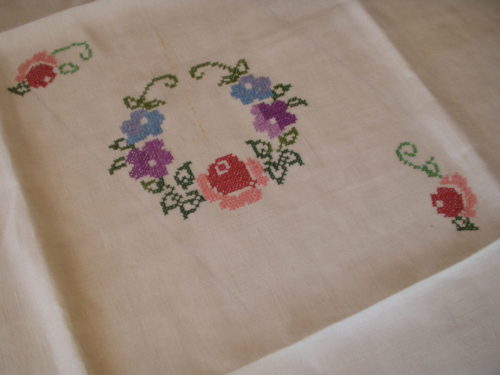 Vintage 1930s 1940s Square Linen Tablecloth Hand Cross Stitch Embroidery