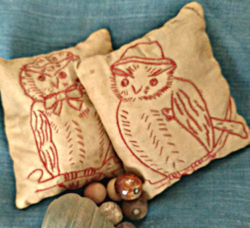 Victorian Child Toy Bean Bag Game 2 Hand Made Embroidery Owls Redwork