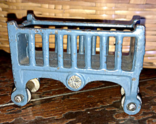 1920s Vintage Cast Iron Crib Doll House Furniture In Blue Paint