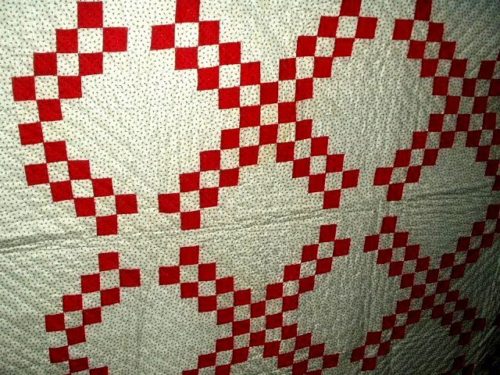 1900 Red White With Black Calico Handstitched Irish Chain Quilt