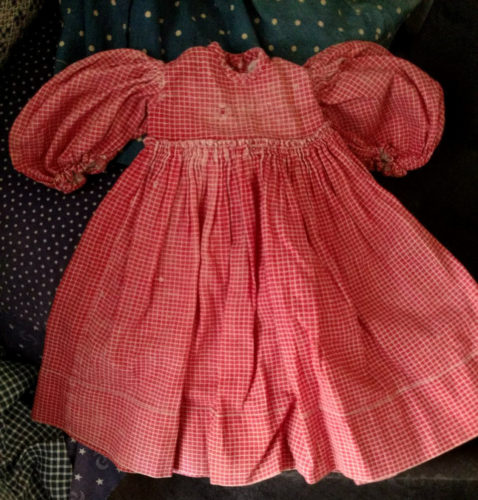 1890s Old Primitive Red Doll Dress Red White Check Fabric Treadle Sewn