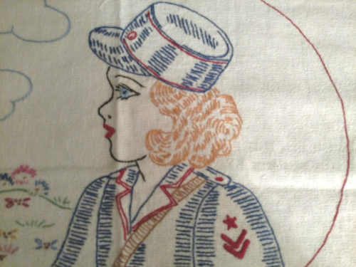 Vintage Embroidered World War II Woman Cadet Pillow Cover