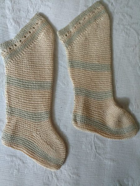 Vintage Silk Hand Knitted Baby Stockings Cream Blue Thread Old 1920s 1930s Hosiery