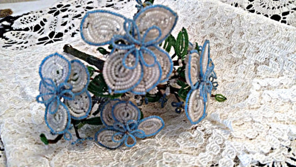 Vintage 1920 1930 Beaded Flower Bouquet Arrangement Blue White Beads
