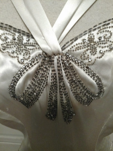 1930s Wedding Formal Evening Party Long Satin Dress Beads Rhinestone Bow Bodice
