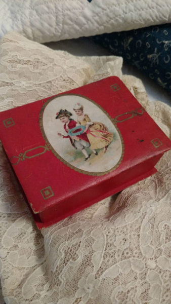 Child Edwardian Cardboard Sewing Box Colonial Couple On Lid Notions Inside