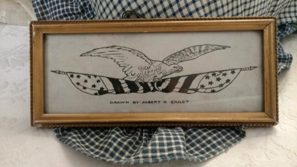Antique Pen Ink Signed Eagle American Flag Drawing Gold Frame