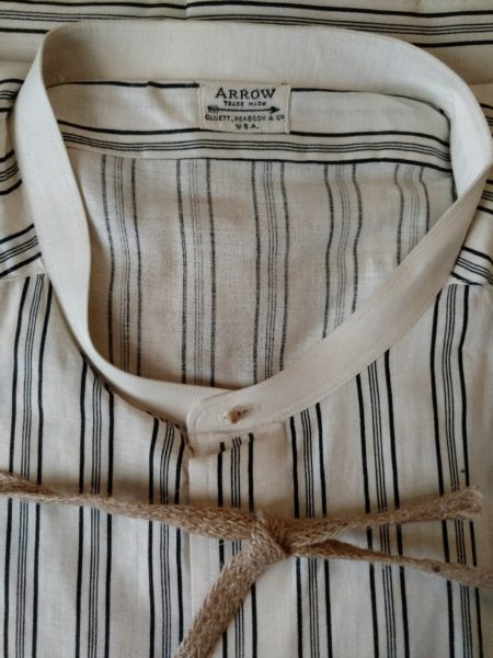Vintage Men Old Stock Arrow Collarless Shirt Cotton White Black Stripe