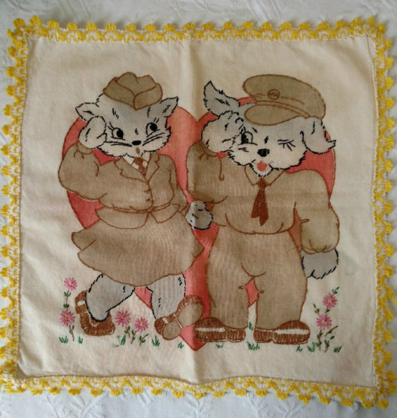 Vintage Embroidery Dog Cat Soldier WWII Pillow Cover Vogart Style