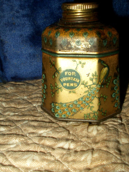 Vintage Signet Peacock Blue Lithograph Tin Glass Ink Bottle Inkwell 1920s Advertising