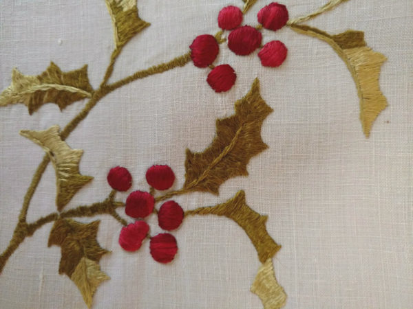 Society Silk Christmas Holly Berry Victorian Embroidery Square Linen Doily Cloth