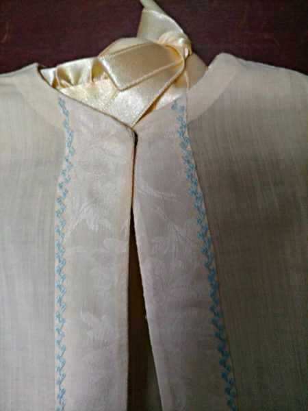 1920s Baby Nightgown Long Cream Silk Wool Brocade Ribbon Blue Embroidery Trim