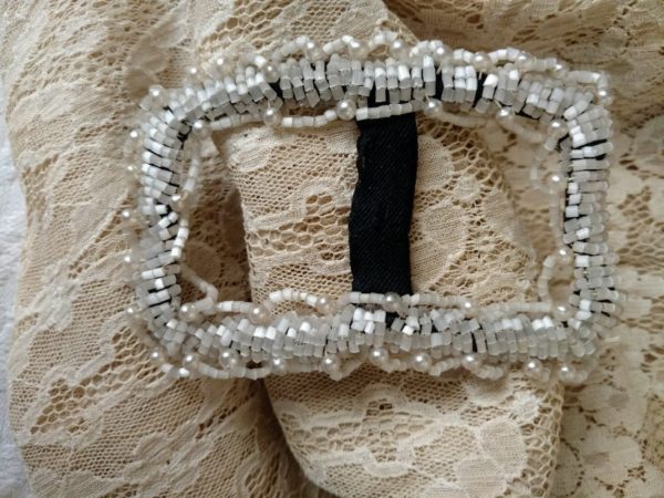 Antique Victorian Beaded Dress Buckle Slide White Beads Pearls Hand Made Black Faille Edwardian