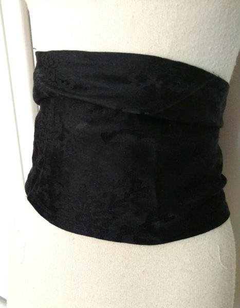 Black Silk Sash Belt Victorian Edwardian Damask Cumberbund Rosette Buttons
