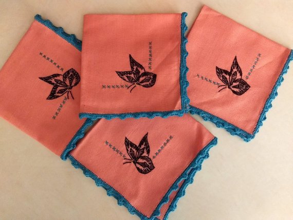 Vintage 1950s Butterfly Napkins Embroidery Crochet Trim 4 Black Coral Color Blue Edging Unused