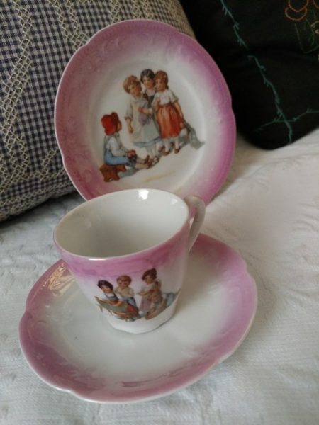 3 Piece 1900s Edwardian Pink Luster ware Plate Cup Saucer Children Antique Set