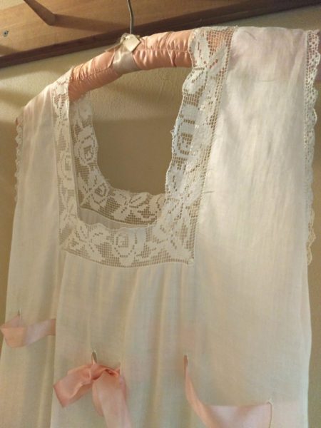 Edwardian 1920s Nightgown White Batiste Fabric Lace Neck Line Ribbon Drawstring