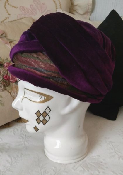 1920s Flapper Cloche Hat Purple Velvet Multi Color Trim Lined Inside