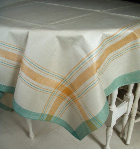 Tablecloth Linen Vintage Green Gold Cream Czech Unused Plaid 56" x 78"