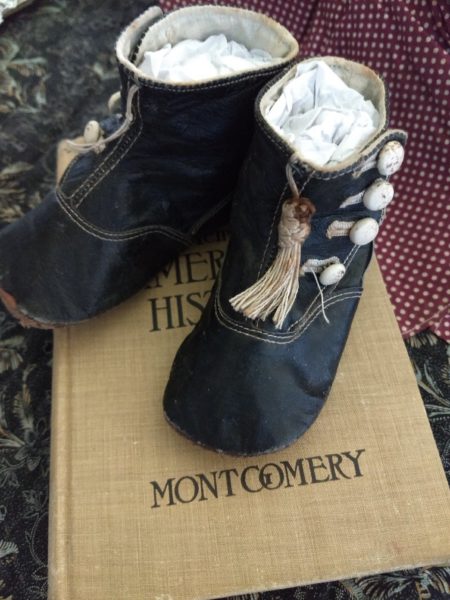 Vintage Baby Shoes Black High Top Leather White Buttons Early 1900s