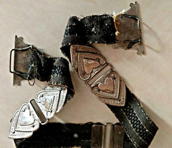 Edwardian Dress Sash Belt Woven Antique Cloth Metal Hearts Clasp