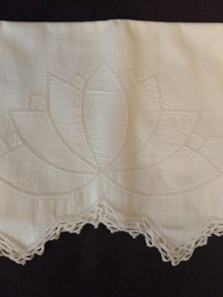 Hemstitched Lily Pad Pillowcases White Cotton Crochet Trim 1950s