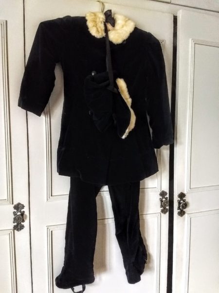 1940 Vintage Girl Snow Suit Black Velvet Jacket Leggings Bonnet Rabbit Trim