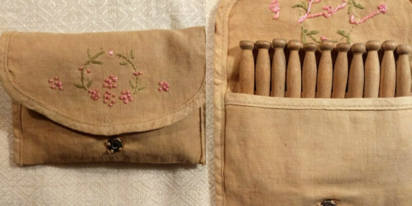 1920s Toy Wood Clothespins Hand Embroidery Vintage Fabric Case Pretend Play
