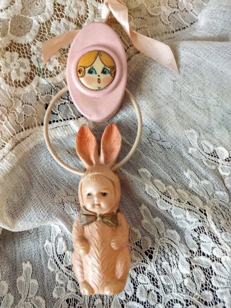 Celluloid Baby Dress Bunny Rattle Vintage 1920s Campbell Kids Face