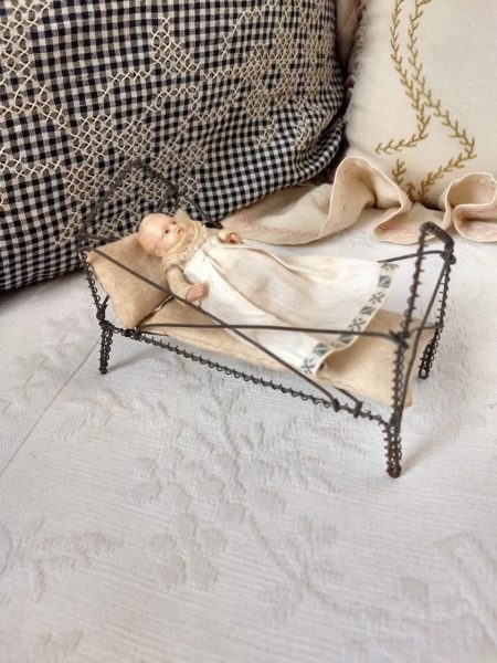 Edwardian 1920 Twisted Wire Baby Bed Celluloid Doll Pillow Mattress Dollhouse