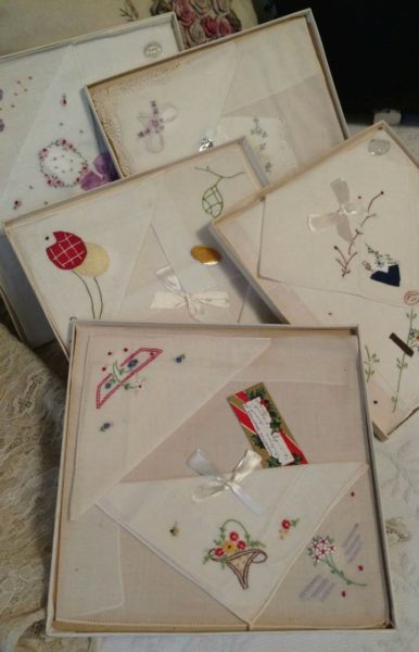5 Vintage Boxed Handkerchief Sets Swiss Linen Embroidery Applique