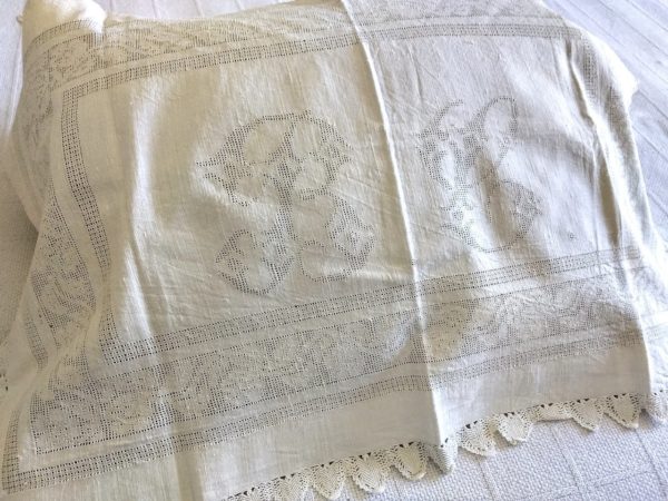 White Linen Homespun Sham Victorian Drawn Thread Monogram Crochet Trim