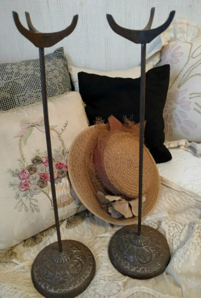 2 Embossed Cast Metal Hat Stand Holders Vintage Edwardian 1920s Millinery