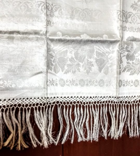 Antique Victorian Damask Towel Fringe Poppy Flower White Linen Unused