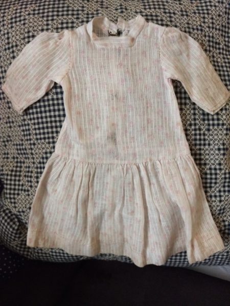 Antique 1900 Doll Dress White Dimity Red Print Bisque Compo