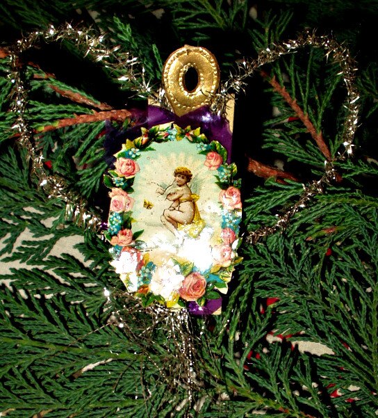 Antique 1900 Angel Roses Paper Scrap And Tinsel Christmas Ornament