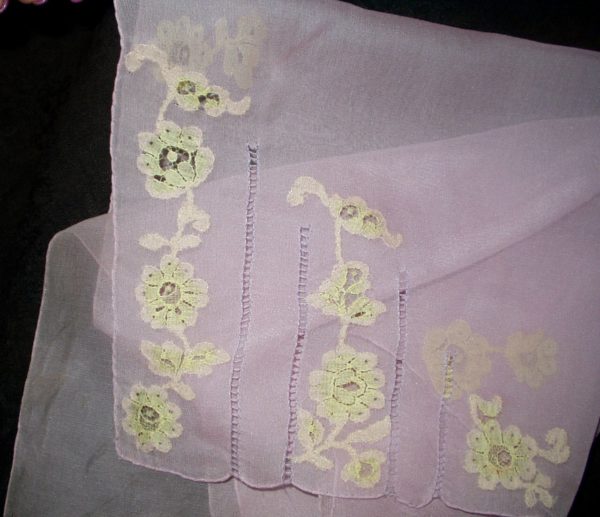 Vintage 1930 Lavender Chiffon Handkerchief Scarf Lace Applique Drawn Thread
