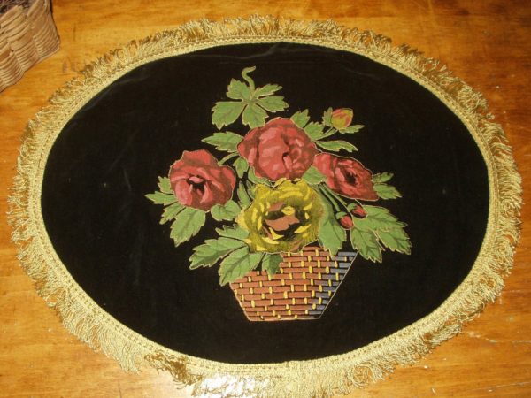 1920s Hand Painted On Black Velvet Doily Theorem Style Vintage Basket Rose Flowers Gold Rayon Fringe Trim