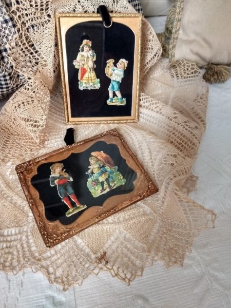 Framed Victorian Scraps Children Tintype Brass Insert Frames Antique Pair Hand Assembled