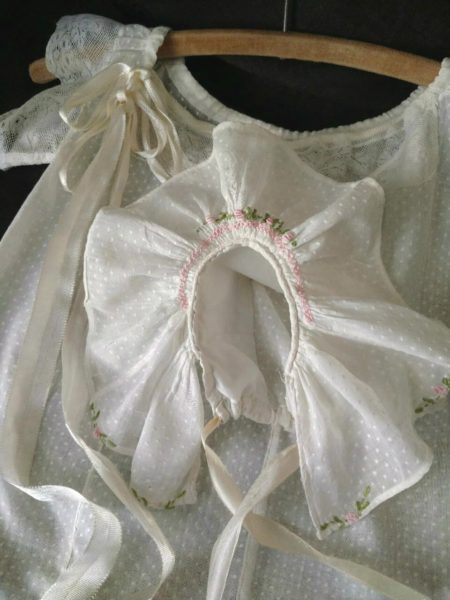 1930s Vintage Dotted Swiss Child Dress Matching Bonnet Embroidery Ribbon Accent