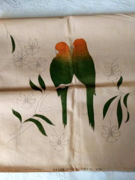 Tinted Stencil 1930's Pair Parrots Pillow Cover To Embroidery Antique Vintage Tropical Scene