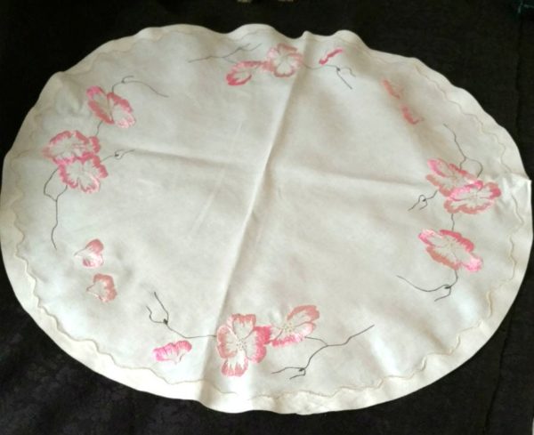 Vintage Society Silk Table Doily Victorian Edwardian Pink Embroidery Flowers