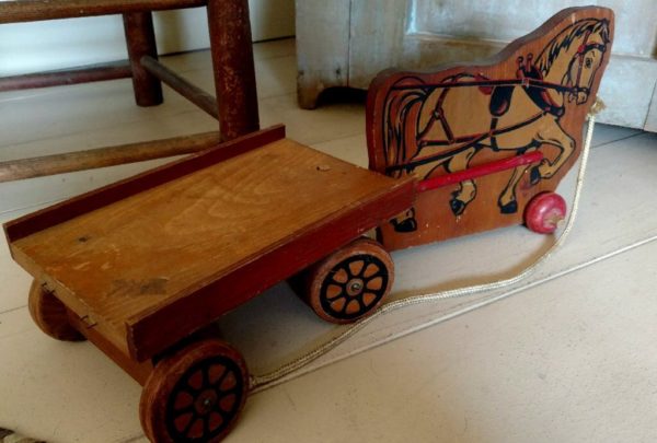 Vintage 1940 Wooden Horse Cart Pull Toy Cass Express Wagon 104