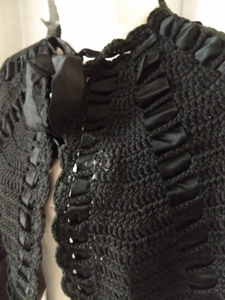 Victorian Black Wool Knit Cape Capelet Shawl Fringe Silk Ribbon Accent