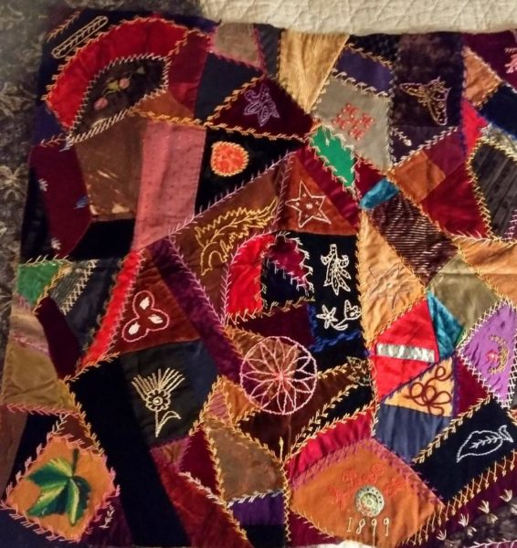 1899 Victorian Crazy Quilt Piece Velvet Silk Fancy Needlework Embroidery