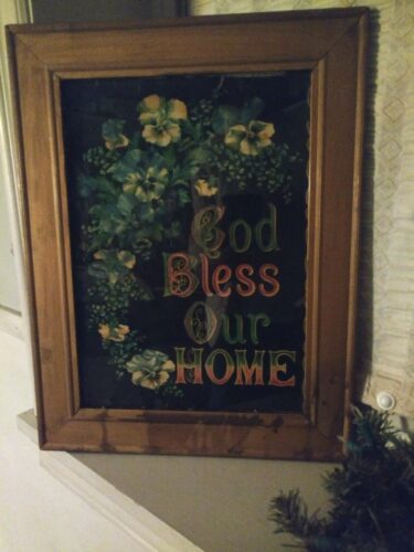 Victorian Lithograph Printed Paper Motto God Bless Our Home Pansy Flowers Framed