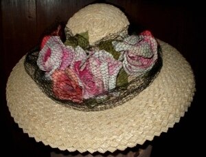Vintage Wide Brim Straw Hat Pink Cabbage Roses Black Veil 1930's 1940's
