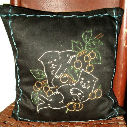 Vintage 1920 Embroidery Cats On Black Sateen Fabric Throw Toss Pillow