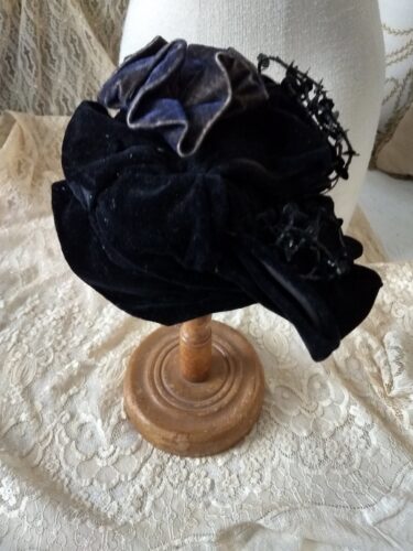 1880 Victorian Hat Velvet Beaded Plush Rosette Purple Gold Black Costumes